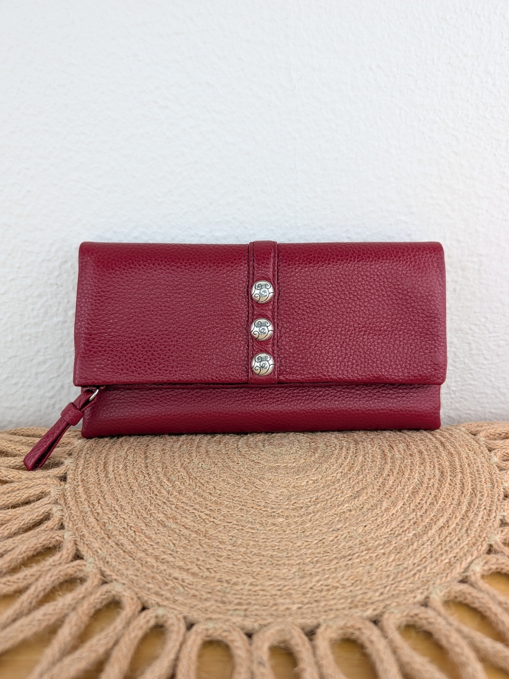 Brighton Nolita Shimmer Large Red Leather Fold-Over Wallet Silver Stud Detail